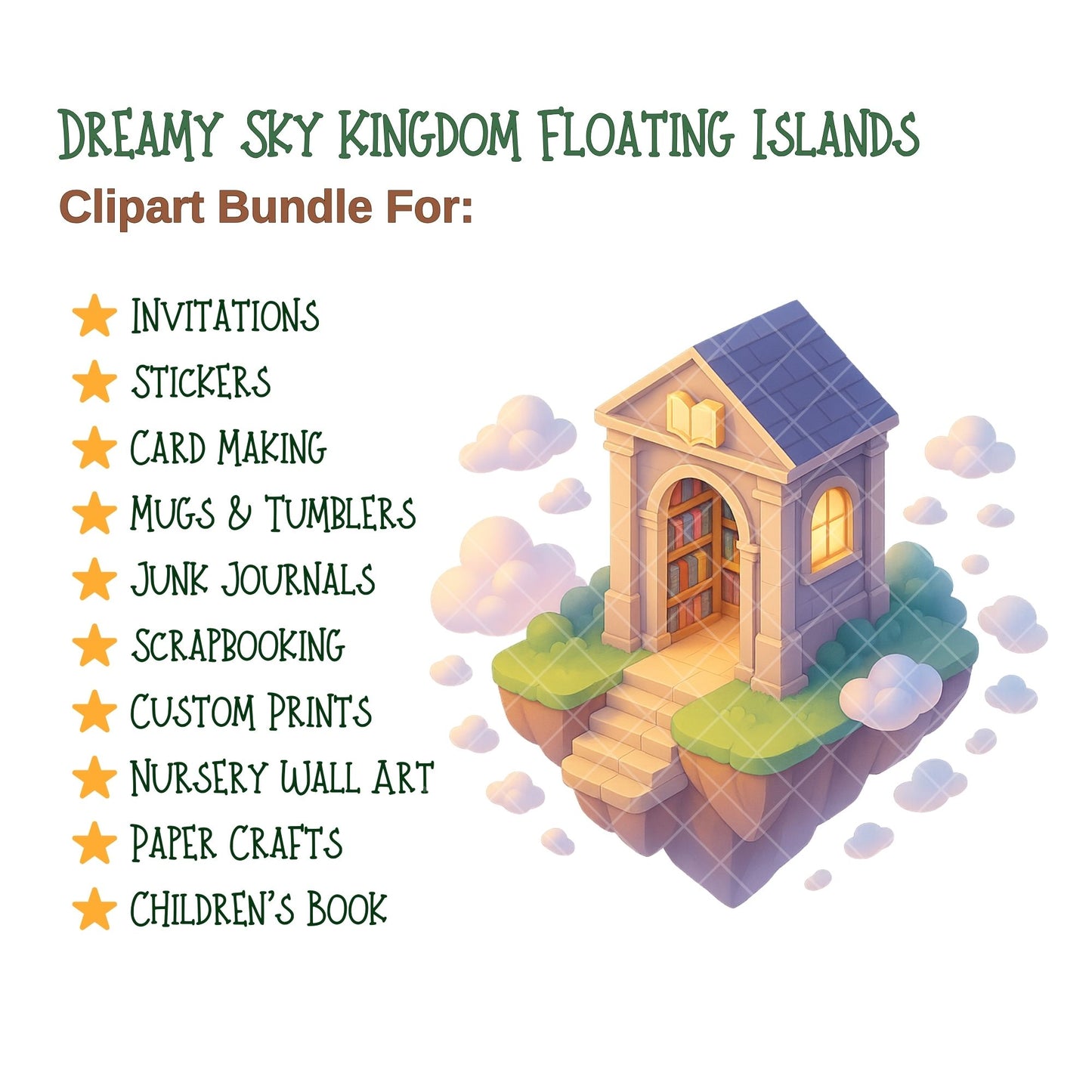Floating Island Clipart, Sky Kingdom PNG Bundle, Fantasy Castle Clouds Islands, Magical Celestial Art (64 PNG)