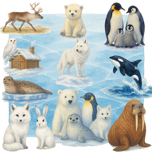 Arctic Polar Animals Watercolor Clipart Bundle – Polar Bear, Penguin & Winter Wildlife PNG, Classroom & Nursery Art, 50 PNG