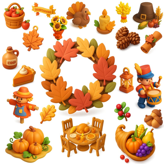 Thanksgiving & Autumn 3D Clipart – 52 PNG Fall Leaves, Turkey, Pumpkins & Harvest Decor