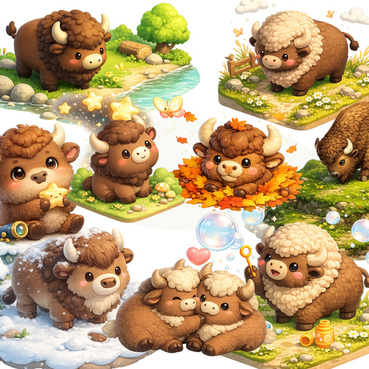 Bison Clipart Bundle – 3D Isometric Woodland PNGs (40 Files) – Cute Buffalo, Forest Animals & Fall Graphics