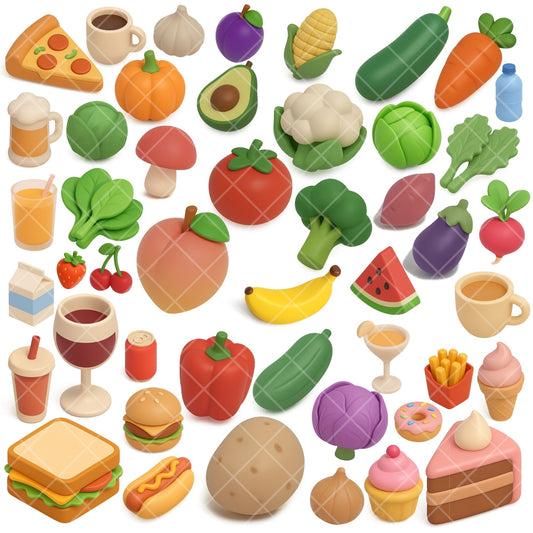 3D Food Clipart Bundle, Isometric Food PNG, Meal Planner Graphics, Fruits Vegetables Drinks Desserts