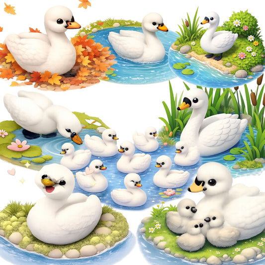 Swan Clipart Bundle – 3D Isometric PNG Graphics (40 Files) – Cute Swans & Ducklings, Nursery Art, Sublimation Design
