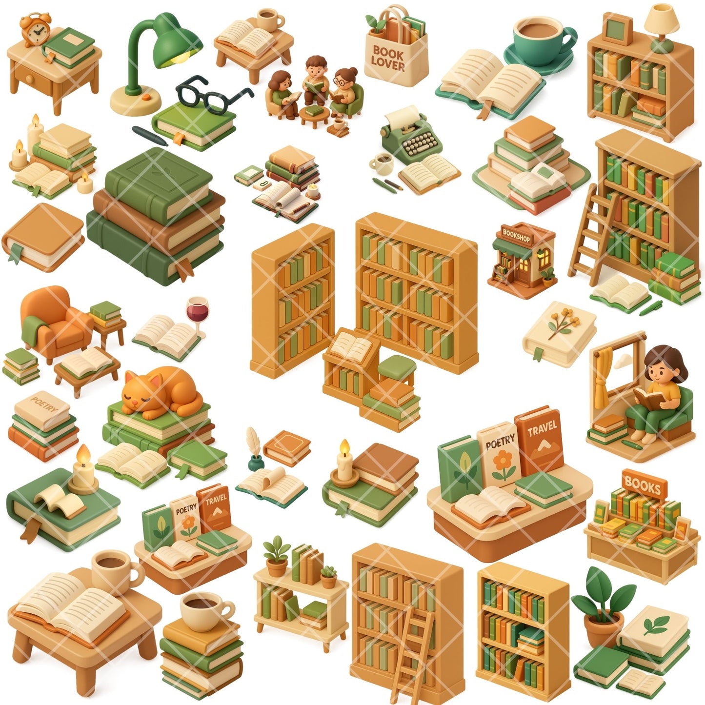 Book Lover Clipart Bundle, Cozy Reading PNG, Bookish 3D Cartoon Clipart, Reading Nook, Journaling & Planner Graphics