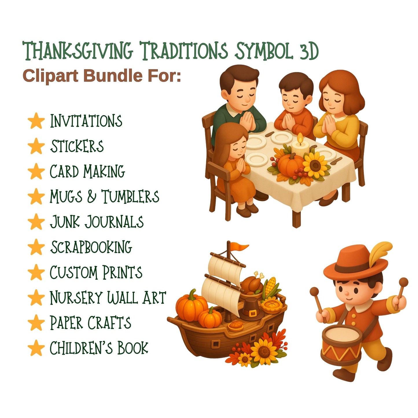 Thanksgiving Clipart 3D – Harvest Symbols PNG Bundle, Fall Autumn Icons, Turkey, Pumpkins & Pilgrims Decor (50 PNG)