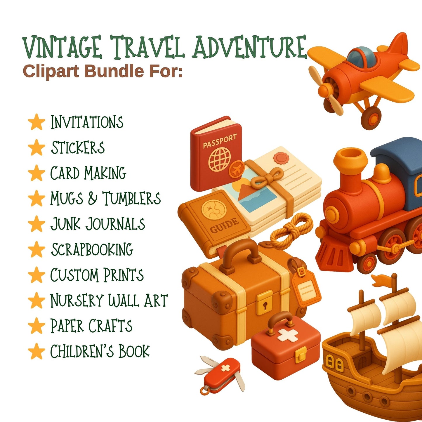 Vintage Travel Clipart Bundle – Retro Adventure PNG, Explorer Icons, Travel Journal Graphics, Old World Travel Clipart, 53 PNG