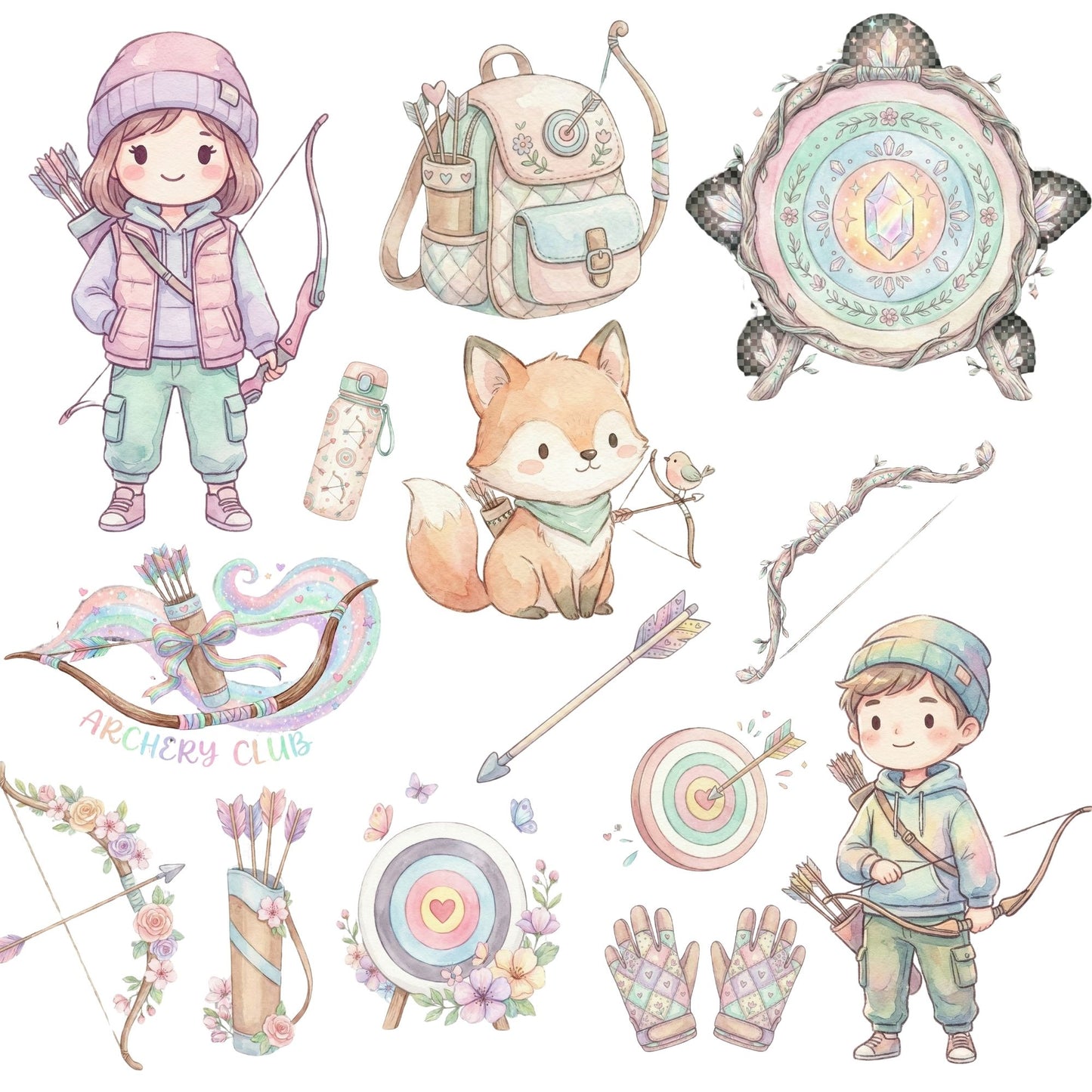 Archery Clipart Bundle – 40 Pastel PNG Files | Kids Archery, Targets, Bows & Adventure Graphics