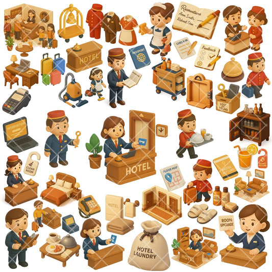 Hotel Staff Clipart Bundle, Hospitality PNG Icons, Receptionist Concierge Bellhop Graphics for Planners