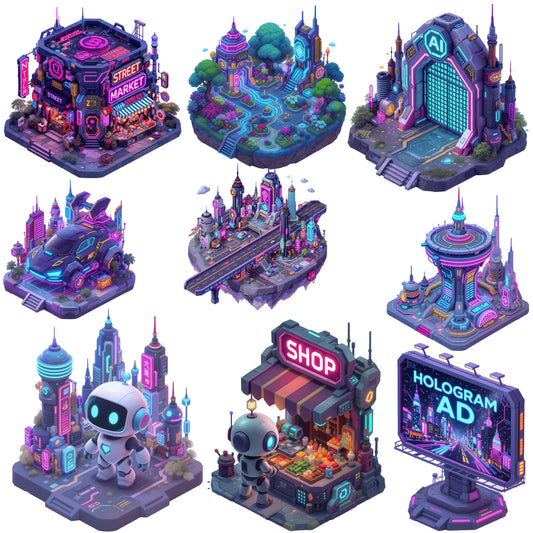 Cyberpunk City PNG Bundle – 60 Neon Sci-Fi Metropolis Clipart for Game Design & Digital Art