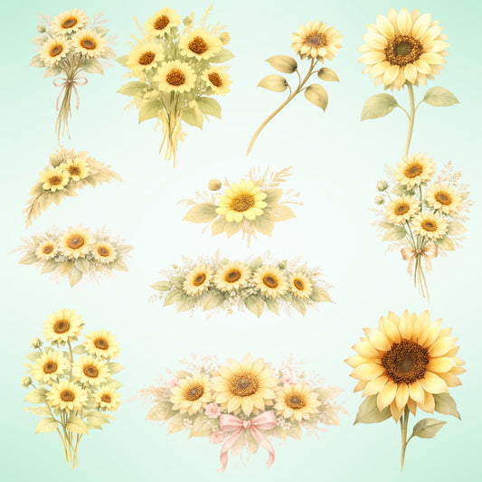 Sunflower Watercolor Clipart Bundle – Yellow Floral PNG for Wedding, Sublimation, Wall Art & Crafts, Hand Painted Flowers, 49 PNG