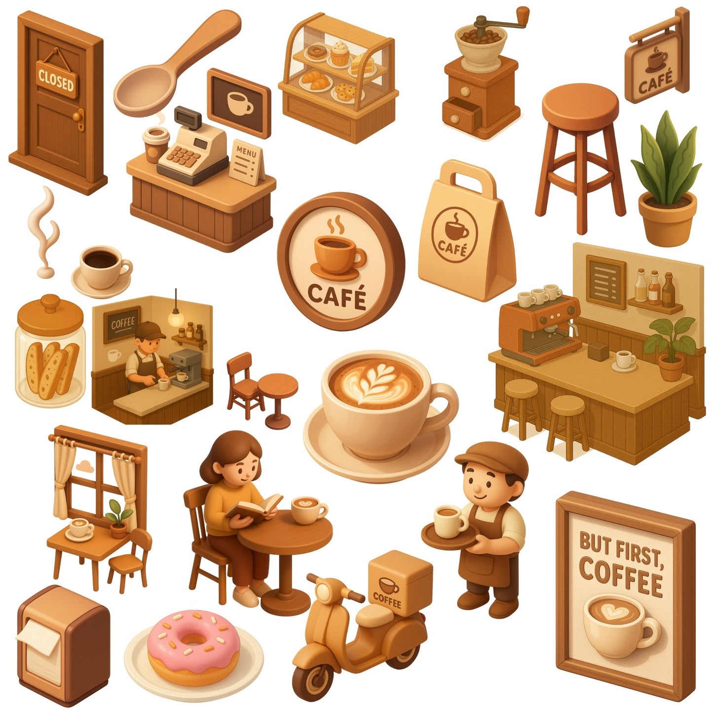 3D Coffee Shop Clipart – Café Interior PNG Set, Cozy Coffee Bar, Barista, Espresso Machine & Bakery Decor (60 PNG)