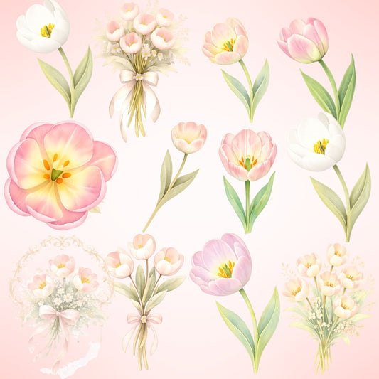 Tulip Watercolor Clipart – Pastel Spring Flower PNG Bundle (52 Files) – Wedding, Easter & Invitation Floral Graphics