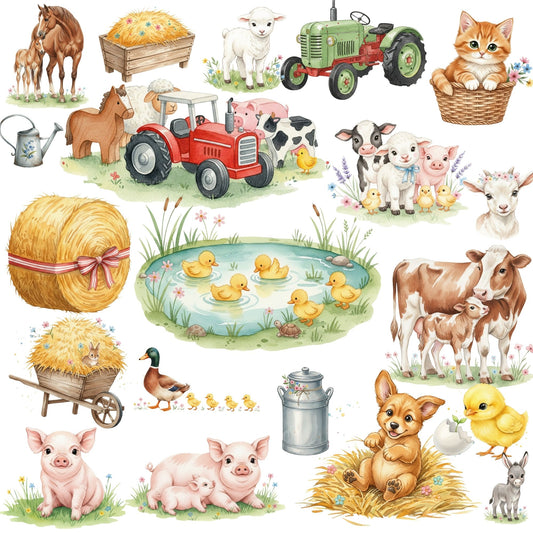 Farm Baby Animals Watercolor Clipart – Tractor & Cute Farm Animal PNG Bundle for Nursery & Kids (50 Files)