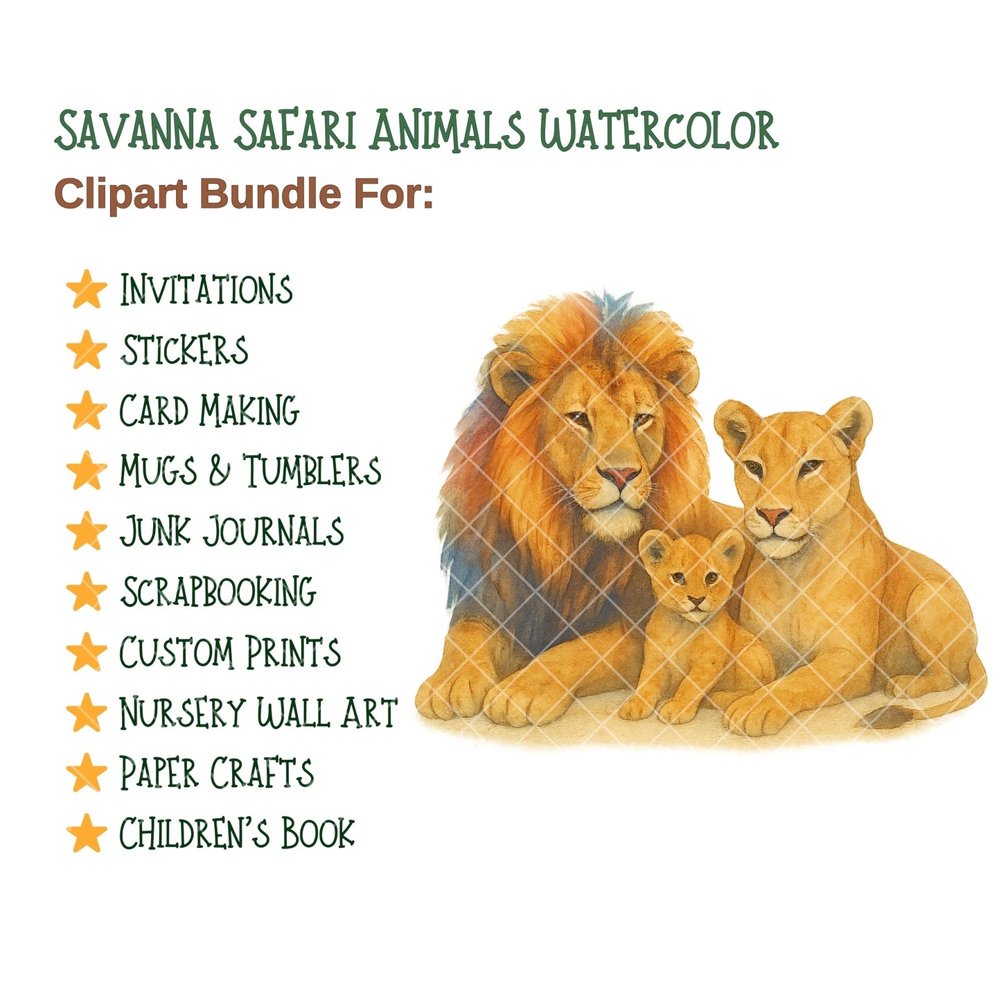 Watercolor Safari Animals Clipart PNG | African Savanna Jungle Animals | Nursery & Classroom Decor | Wildlife PNG Set | Commercial Use
