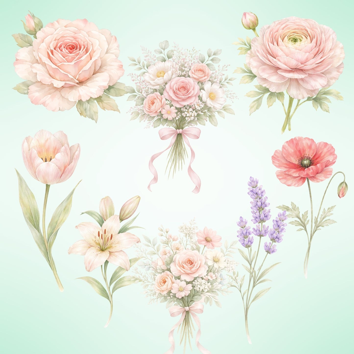Pastel Floral Watercolor Clipart – 55 Flower PNG Files – Roses, Peonies, Tulips & Bouquet Graphics