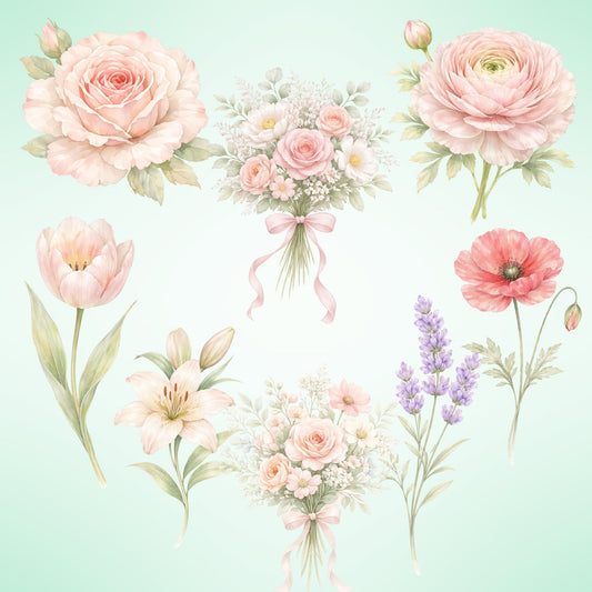 Pastel Floral Watercolor Clipart – 55 Flower PNG Files – Roses, Peonies, Tulips & Bouquet Graphics