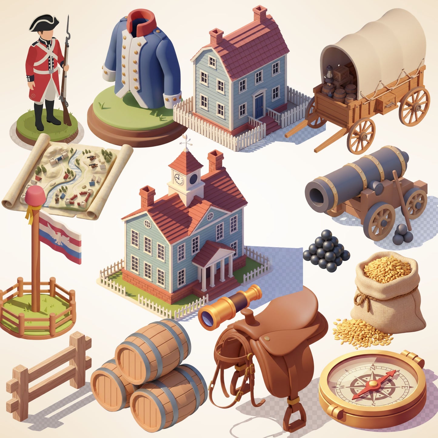 American Revolution 3D Clipart PNG Bundle – 55 Colonial War & US Independence Graphics for History Classroom