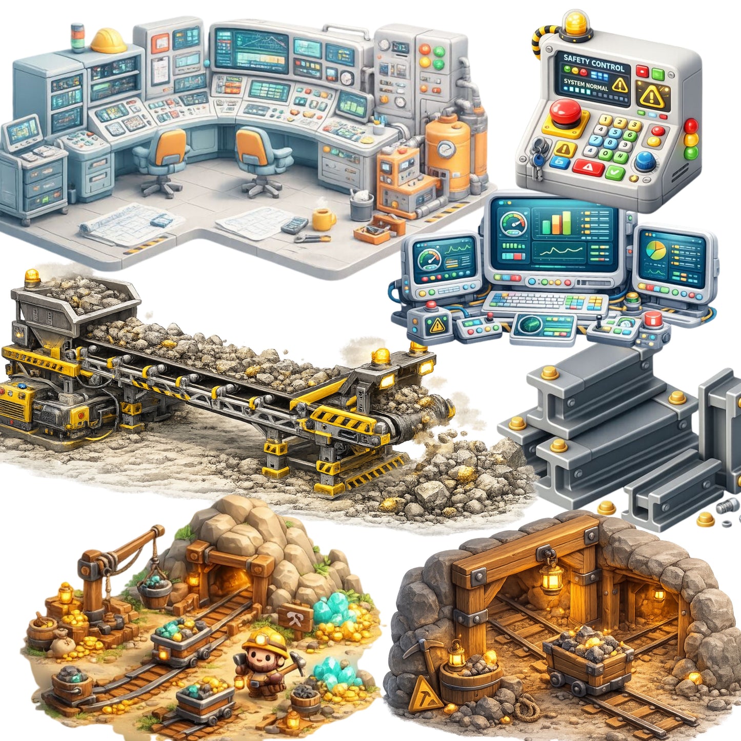 Miner 3D Isometric Clipart Bundle – Mining Equipment PNGs (44 Files) – Heavy Industry, STEM & Construction Graphics