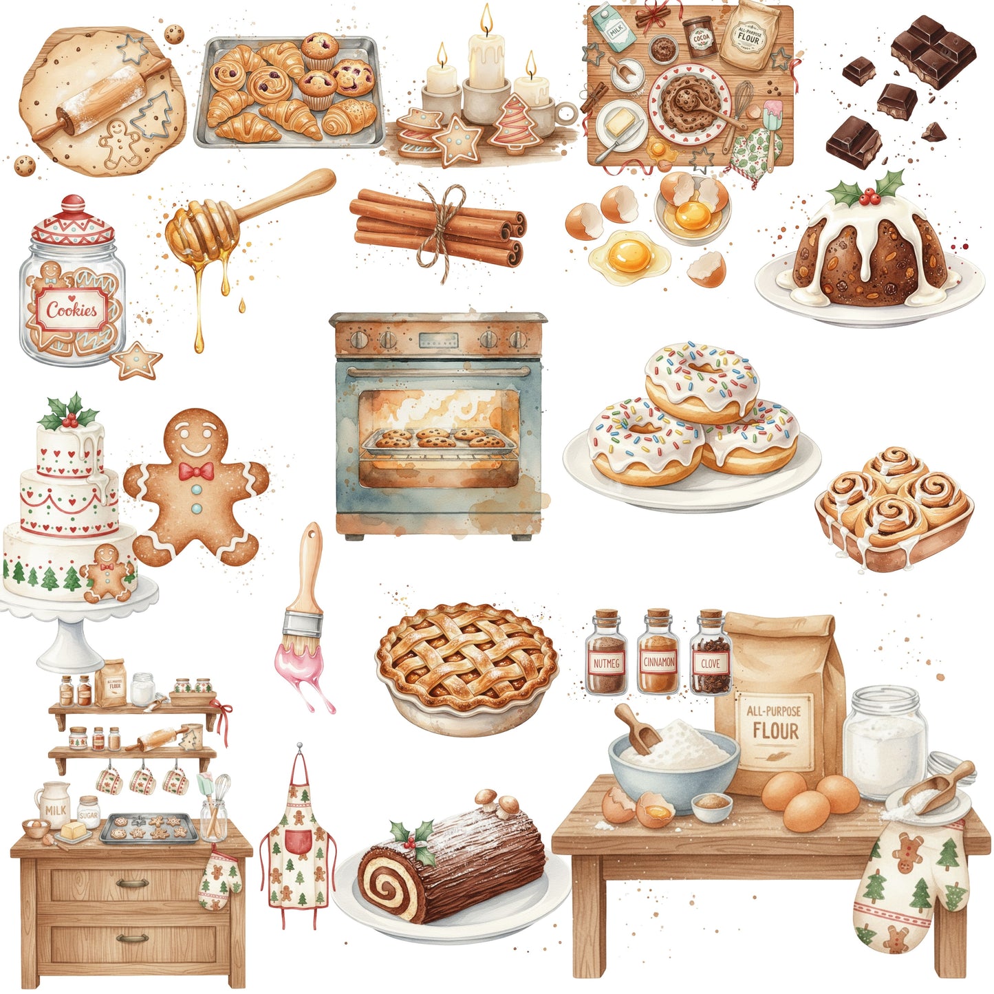 Christmas Baking Clipart – 56 PNG Watercolor Holiday Desserts & Kitchen Graphics | Gingerbread, Cookies, Cakes