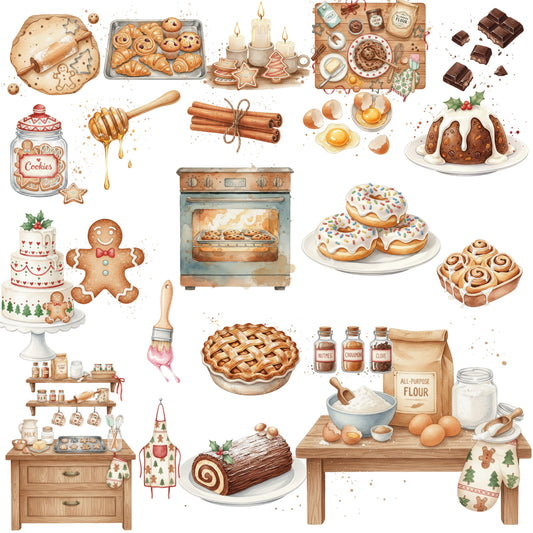 Christmas Baking Clipart – 56 PNG Watercolor Holiday Desserts & Kitchen Graphics | Gingerbread, Cookies, Cakes