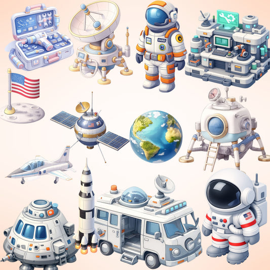 Space Race NASA Clipart Bundle | Astronaut Rocket PNG | Space Exploration 3D Clipart | STEM Science Classroom Decor | Moon Landing Space PNG | 53 Files