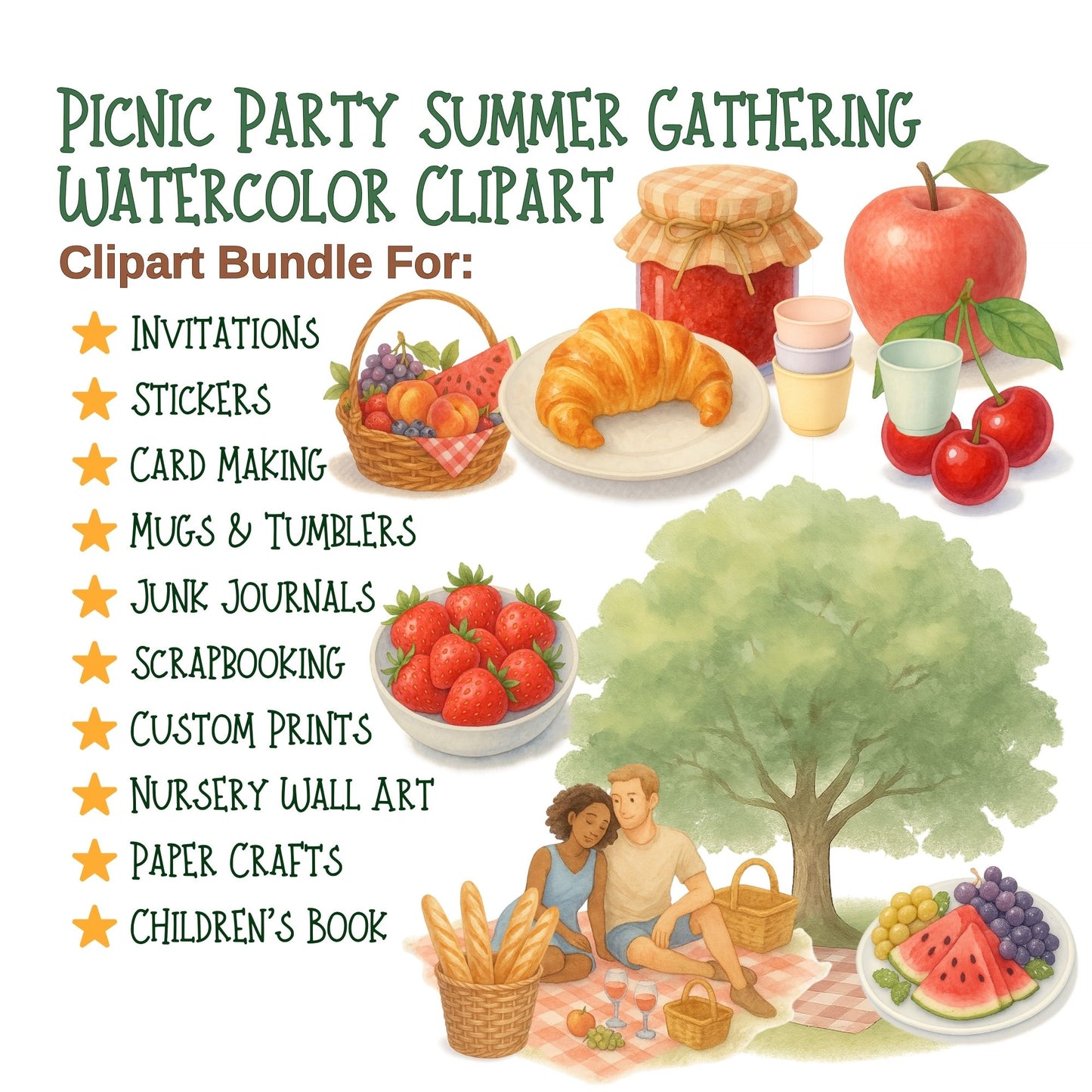 Picnic Watercolor Clipart Set – Summer Party PNG Bundle, Picnic Food & Outdoor Celebration Art, Cute Summer Clipart, 57 PNG Files