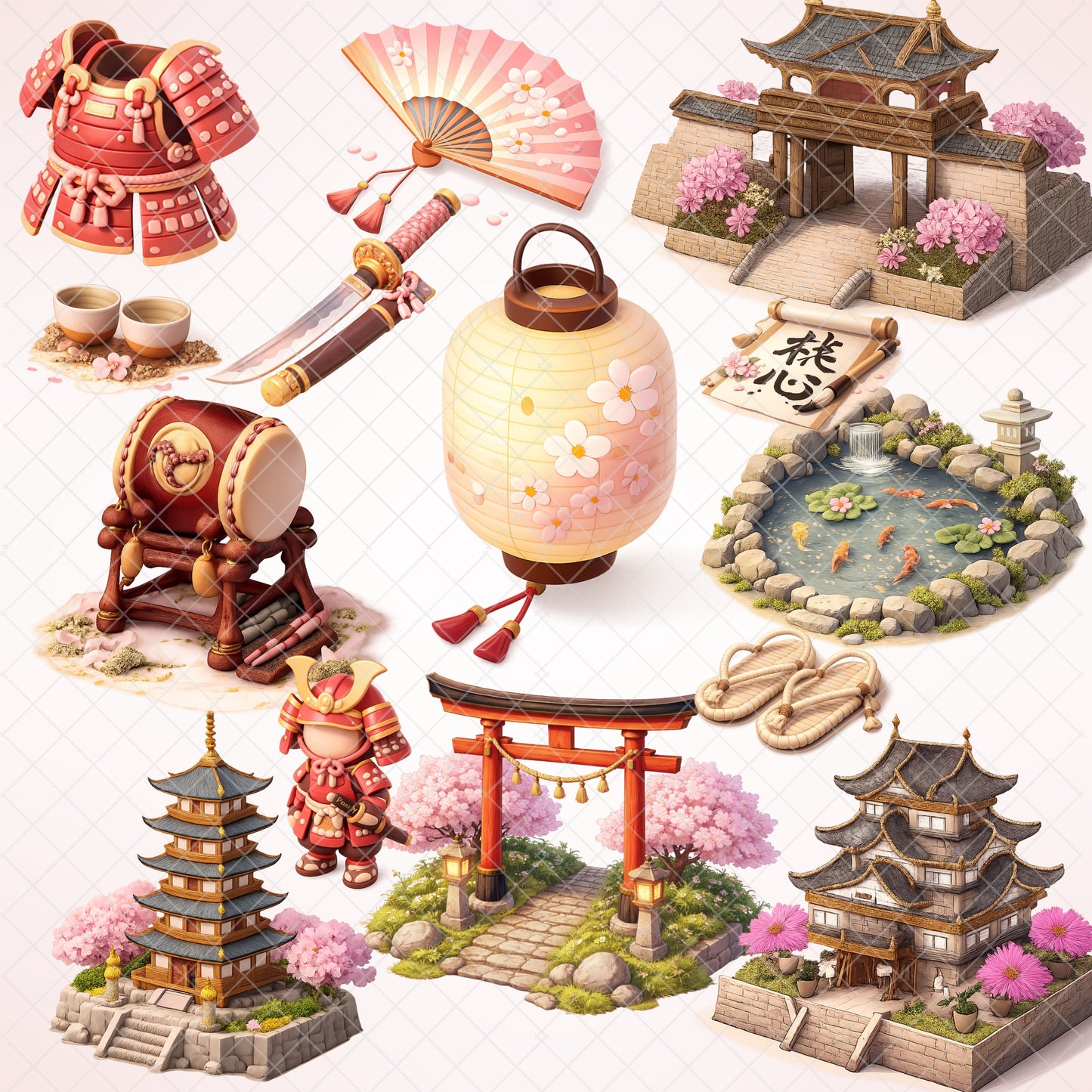Ancient Japan PNG Clipart Bundle, Samurai Armor & Japanese Temple Art, Pagoda Lantern Zen Graphics, Watercolor 3D Style, Commercial Use, 55 PNG