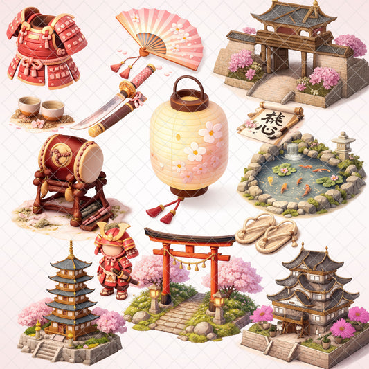 Ancient Japan PNG Clipart Bundle, Samurai Armor & Japanese Temple Art, Pagoda Lantern Zen Graphics, Watercolor 3D Style, Commercial Use, 55 PNG