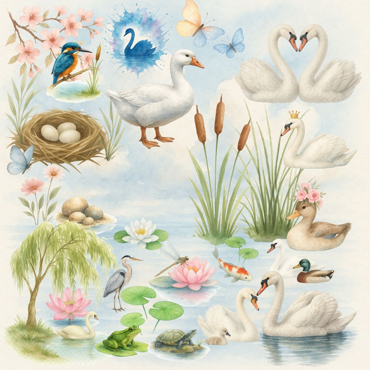 Swan Lake Watercolor Clipart Bundle – Elegant Pond Animals PNG, Swans & Nature Art, Wedding & Nursery Graphics, 50 PNG