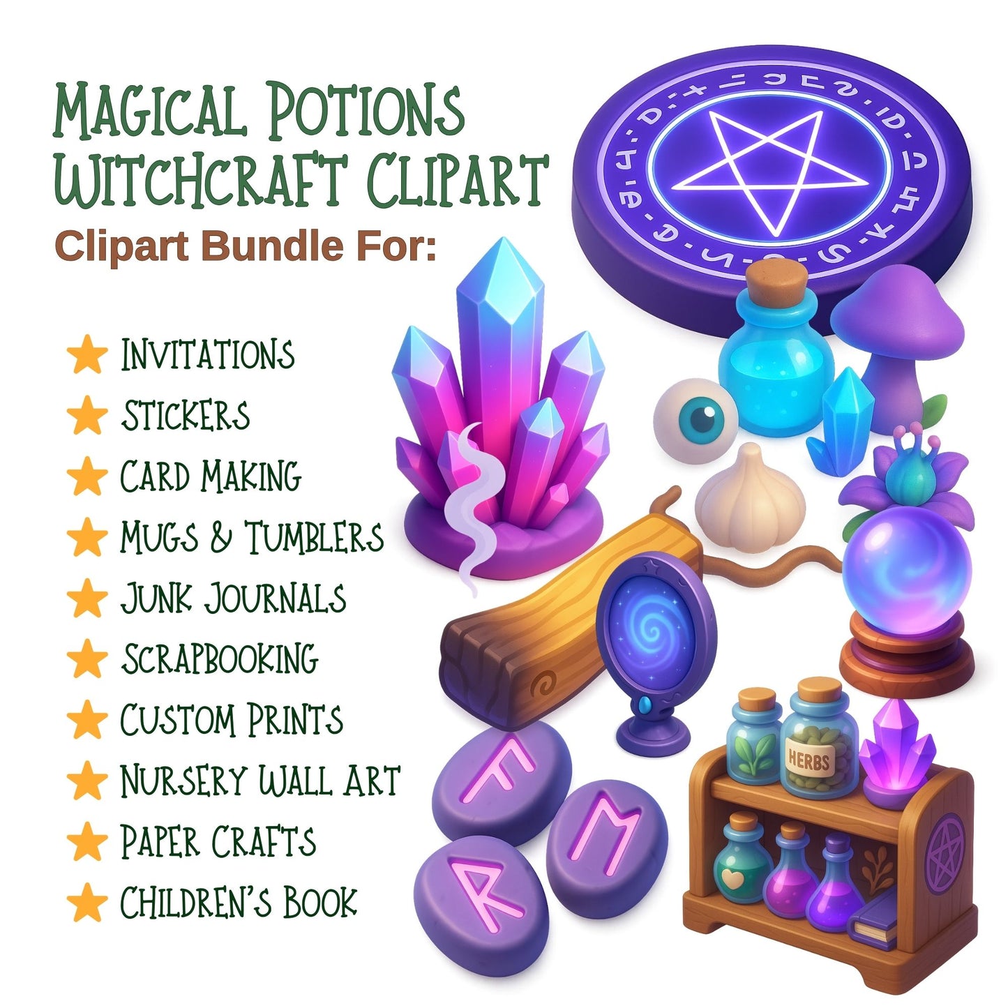 Witchcraft Clipart Bundle – Magical Potions, Crystals & Herbs PNG | Witchy Watercolor Graphics for Tarot, Planners, Stickers (65 Files)