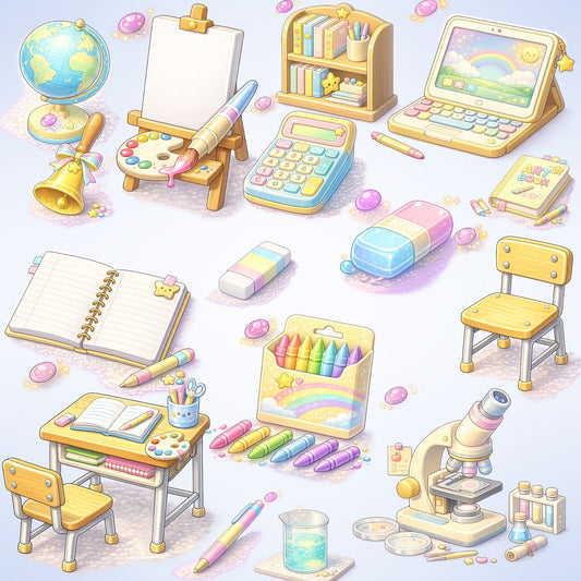 Classroom School Supplies Clipart PNG – 50 Pastel Education Graphics for Teachers, Planners & Kids Crafts