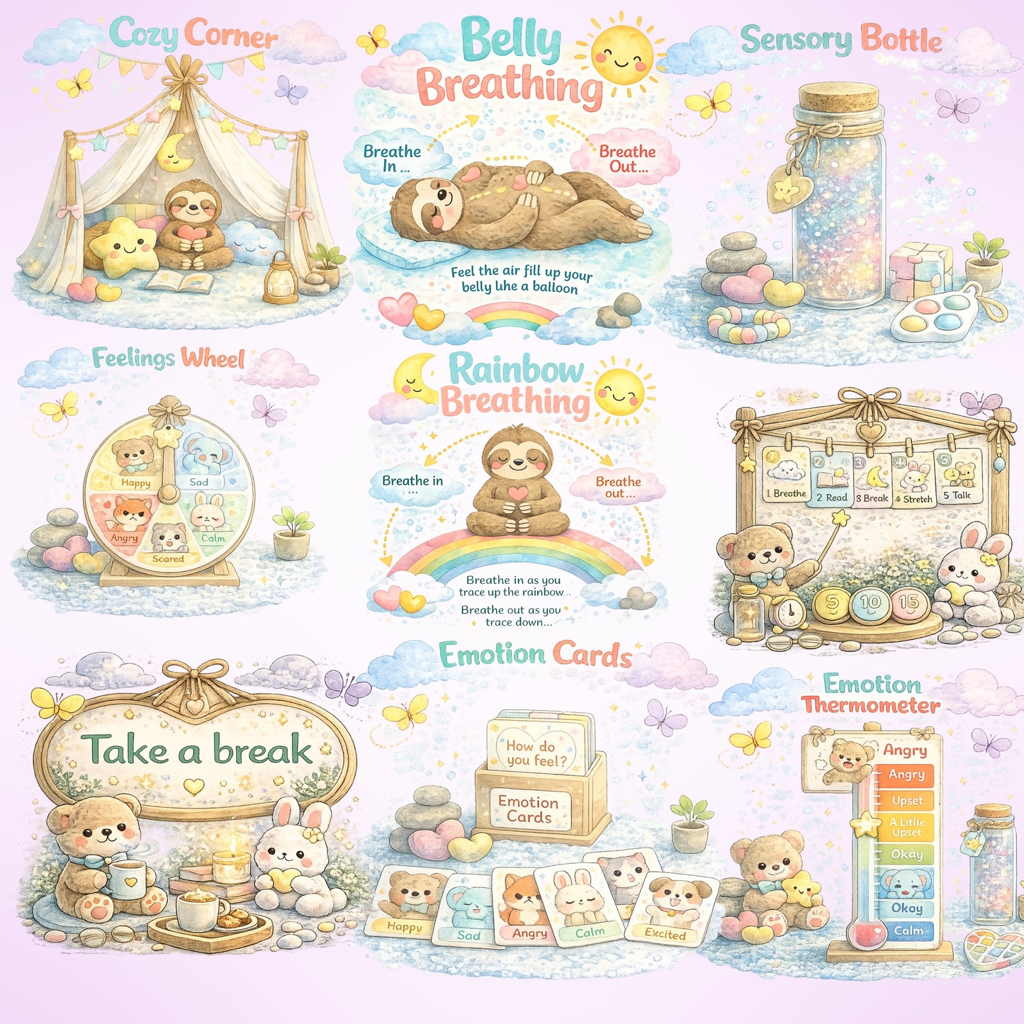 Calm Corner Clipart Set – 55 PNG Files | SEL Classroom Emotions, Coping Skills, Behavior & Regulation Charts