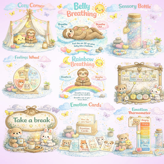 Calm Corner Clipart Set – 55 PNG Files | SEL Classroom Emotions, Coping Skills, Behavior & Regulation Charts