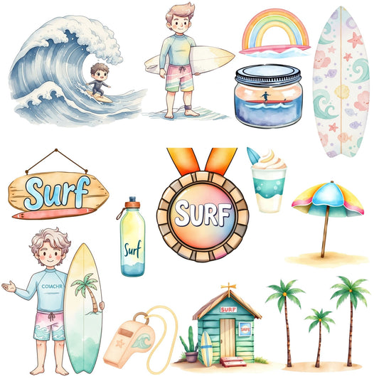 Surfing Watercolor Clipart – 55 Beach PNG Bundle – Surfers, Surfboards, Ocean Waves & Summer Coastal Graphics