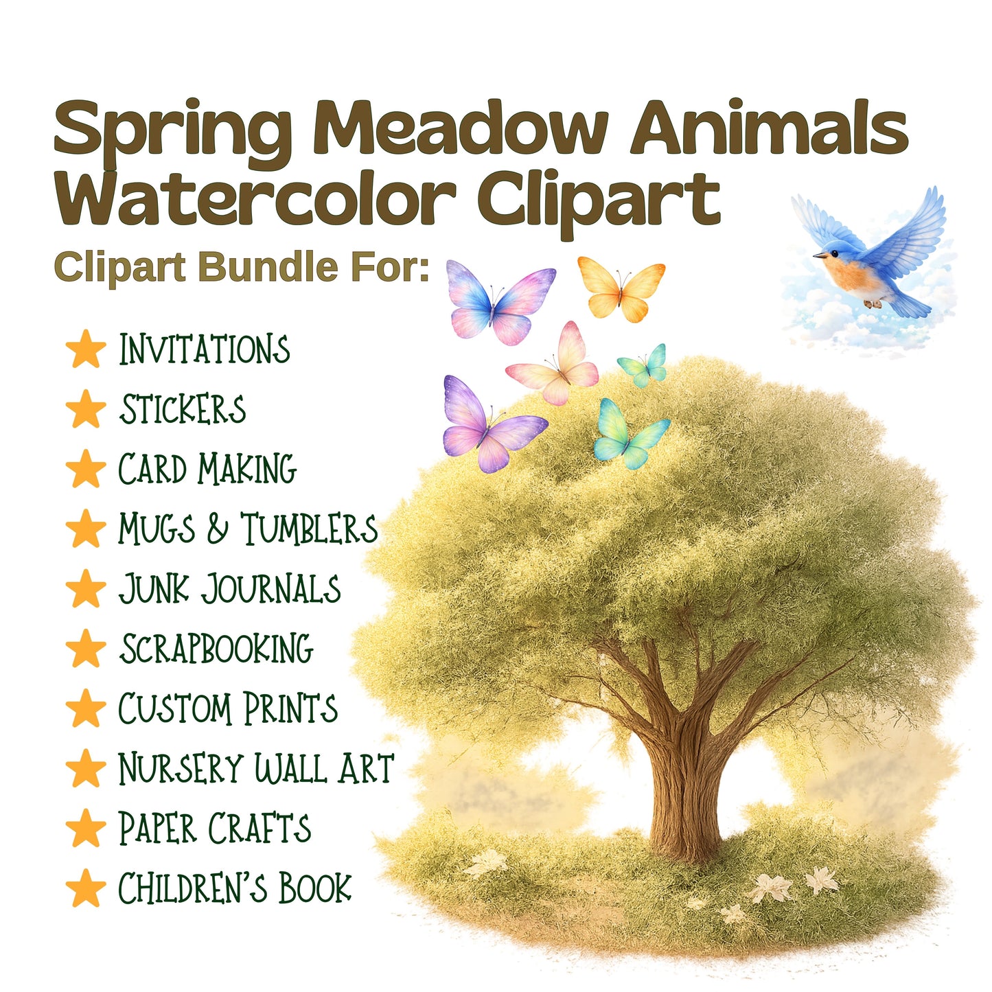 Spring Meadow Animals Watercolor Clipart Bundle – Cute Woodland Baby Animals PNG, Easter & Nursery Art, Floral Nature Graphics, 50 PNG