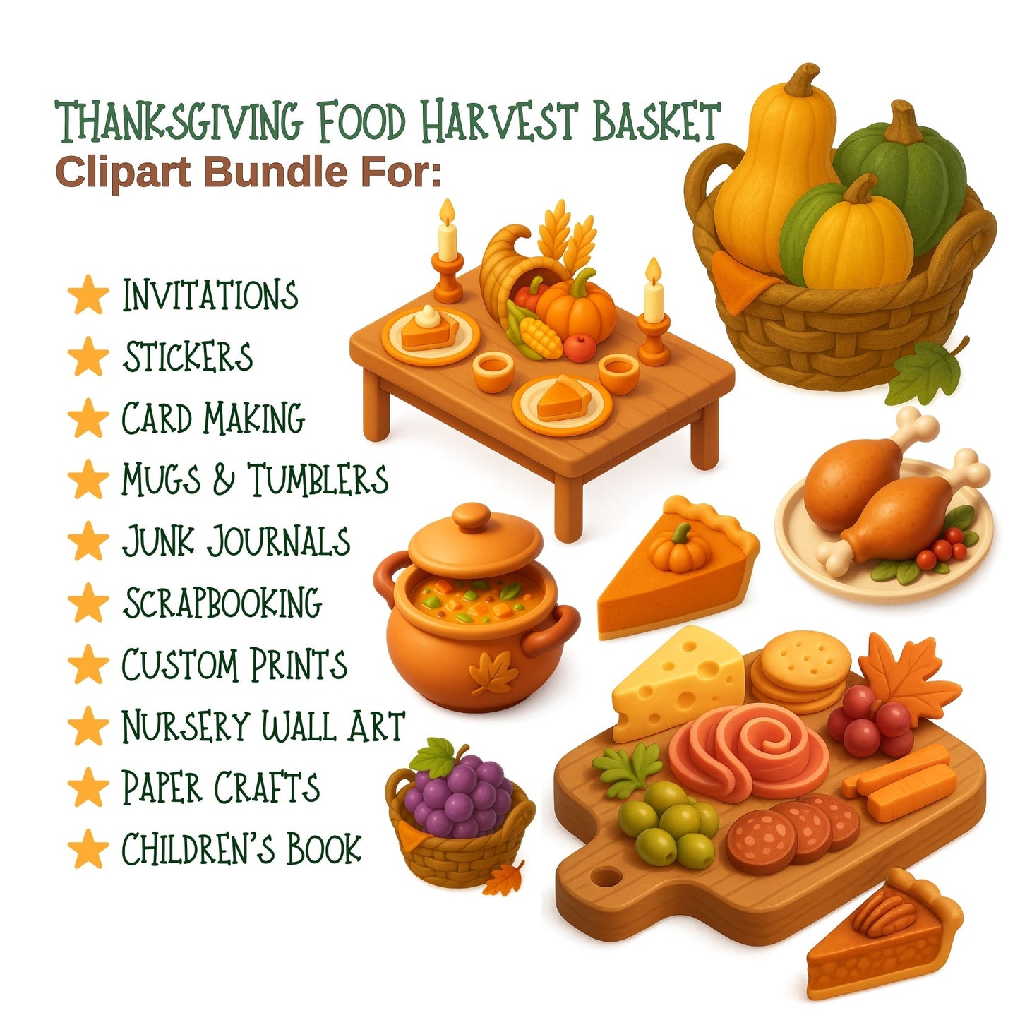 Thanksgiving Food Clipart – Harvest Basket & Turkey Dinner PNG | Fall Feast, Autumn Decor & Holiday Art (59 Files)