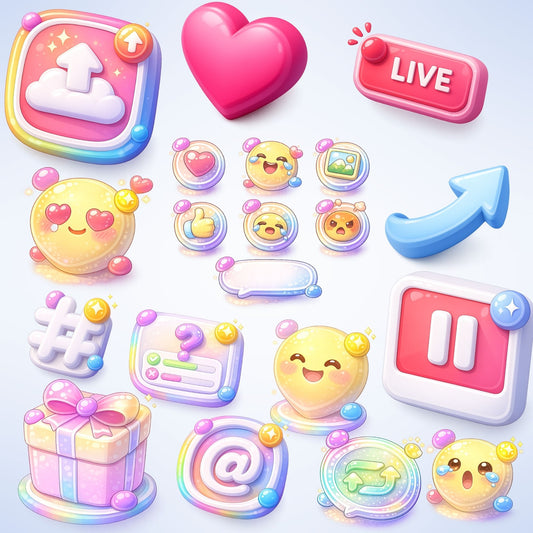 Kawaii Social Media Icons Clipart | 3D Cute UI Buttons PNG | Stream Overlay Graphics | YouTube TikTok Instagram Assets | Content Creator Bundle