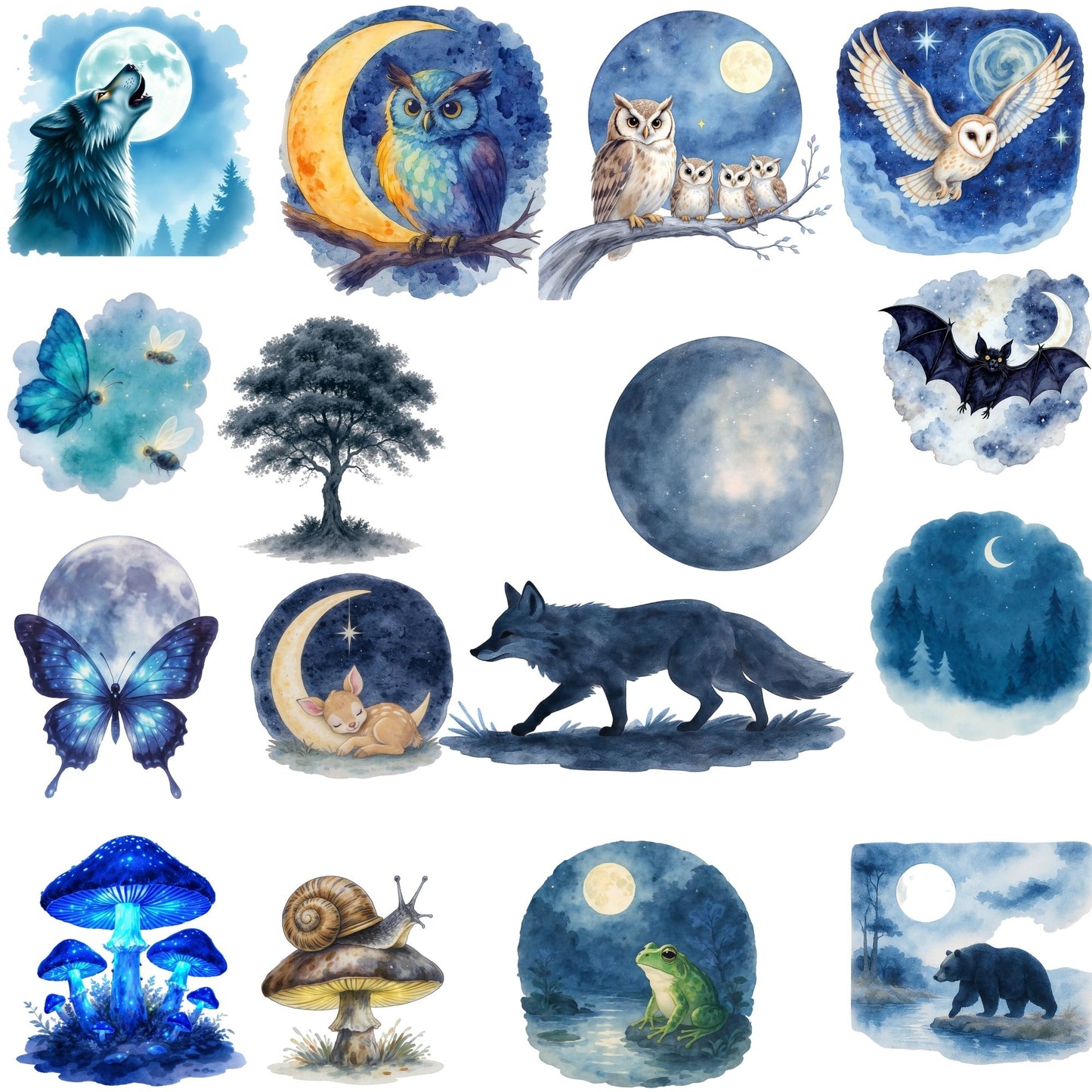 Night Forest Animals Watercolor Clipart Bundle – Nocturnal Wildlife PNG, Owl Wolf Moon Fantasy Nature Art for Nursery, Crafts & Sublimation, 51 PNG