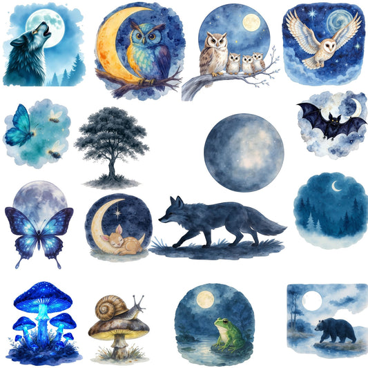 Night Forest Animals Watercolor Clipart Bundle – Nocturnal Wildlife PNG, Owl Wolf Moon Fantasy Nature Art for Nursery, Crafts & Sublimation, 51 PNG