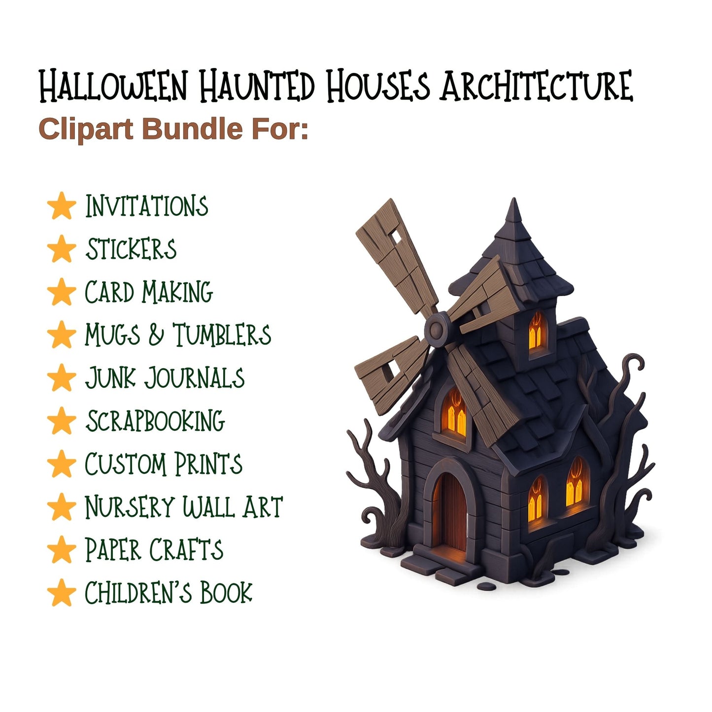 Halloween Haunted Houses Clipart, 3D Gothic Architecture PNG Bundle, Spooky Buildings Village Set (60 PNG)