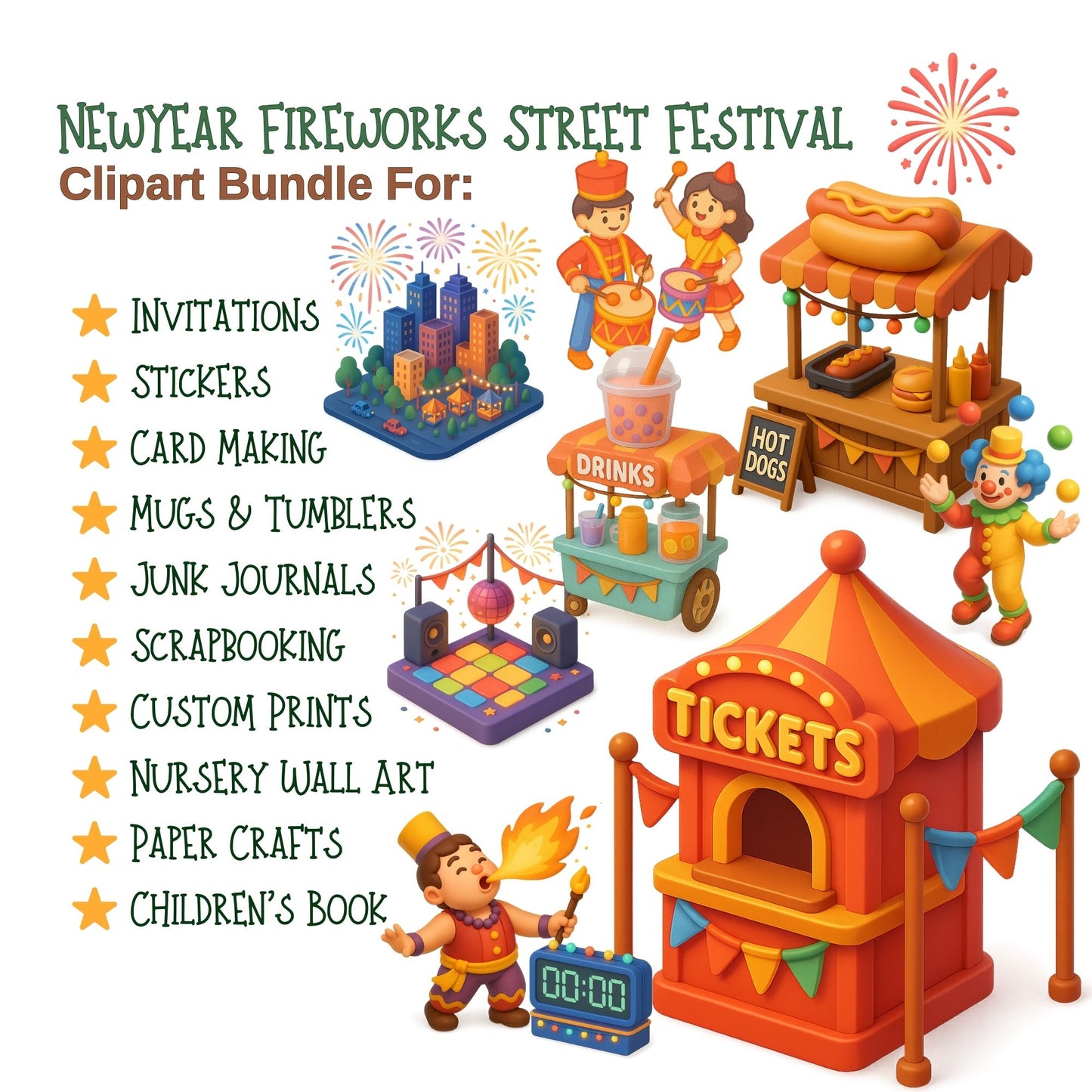 New Year Fireworks Festival Clipart – 2026 Street Party PNG Set, Parade Music Food Stalls, 3D Celebration Graphics, 60 PNG Files