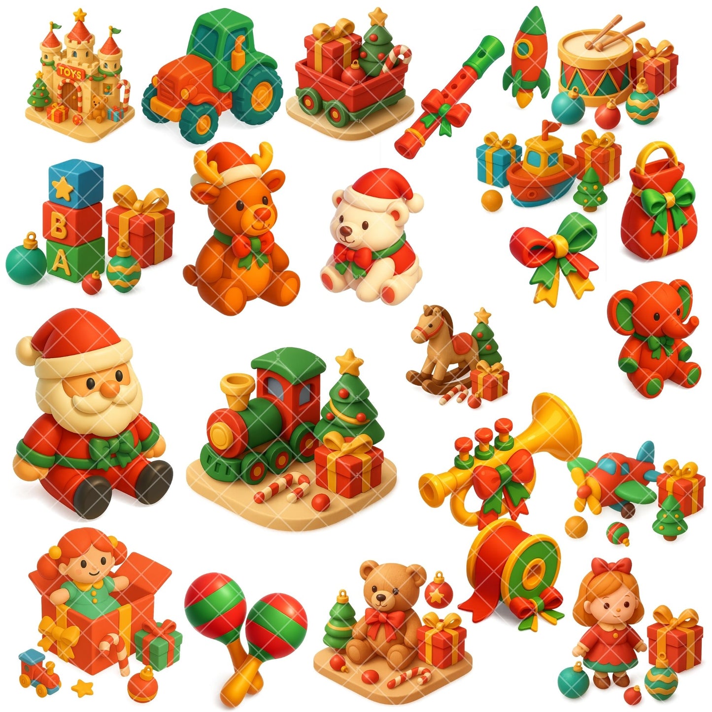 Christmas Toy Clipart Bundle – 3D Isometric Holiday PNG, Santa Toys, Gift Shop Clipart, Kids Christmas Graphics, 62 PNG Files