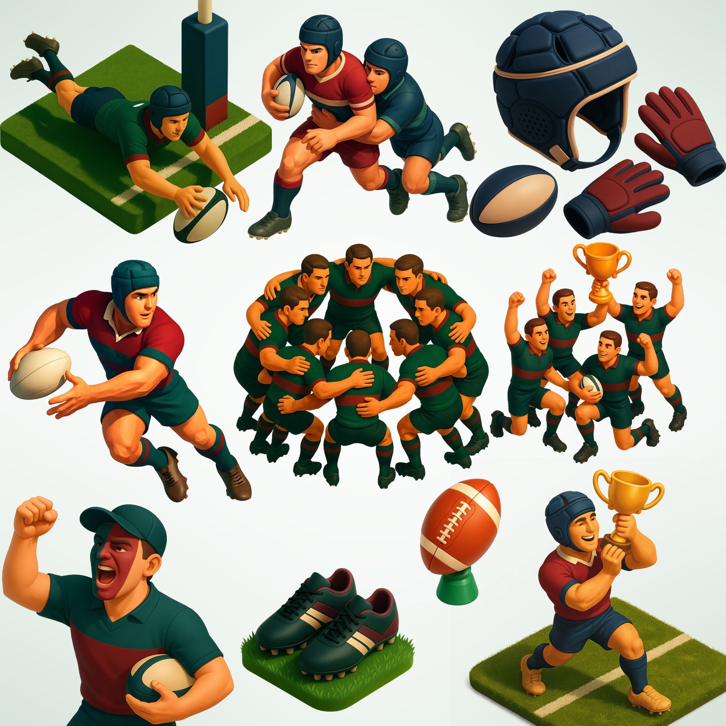 Rugby 3D Clipart Bundle – Rugby Players in Action PNG, Sports Team Graphics, Balls, Helmets & Victory Poses, 70 PNG