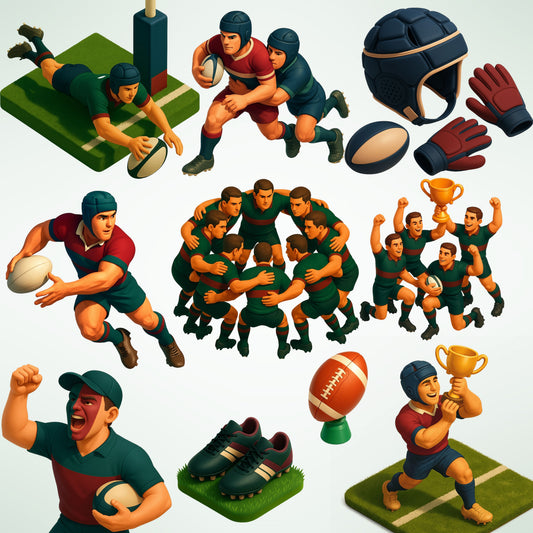 Rugby 3D Clipart Bundle – Rugby Players in Action PNG, Sports Team Graphics, Balls, Helmets & Victory Poses, 70 PNG