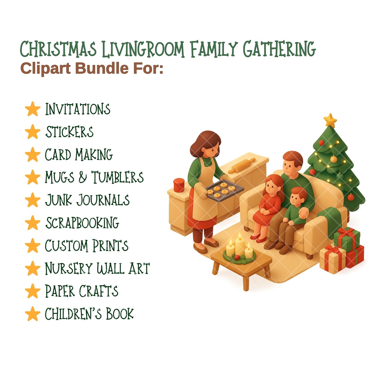 Christmas Family Clipart PNG | Cozy Holiday Living Room Scenes | Festive Home Christmas Art | Winter Family PNG | Commercial Use