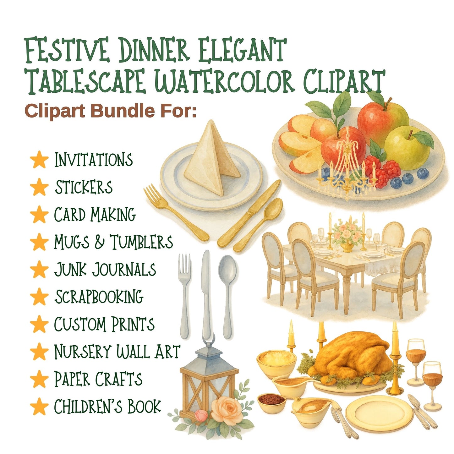 Festive Dinner Watercolor Clipart – Elegant Tablescape PNG Set, Holiday Meal & Family Dinner Art, Celebration Dining Clipart, 56 PNG Files