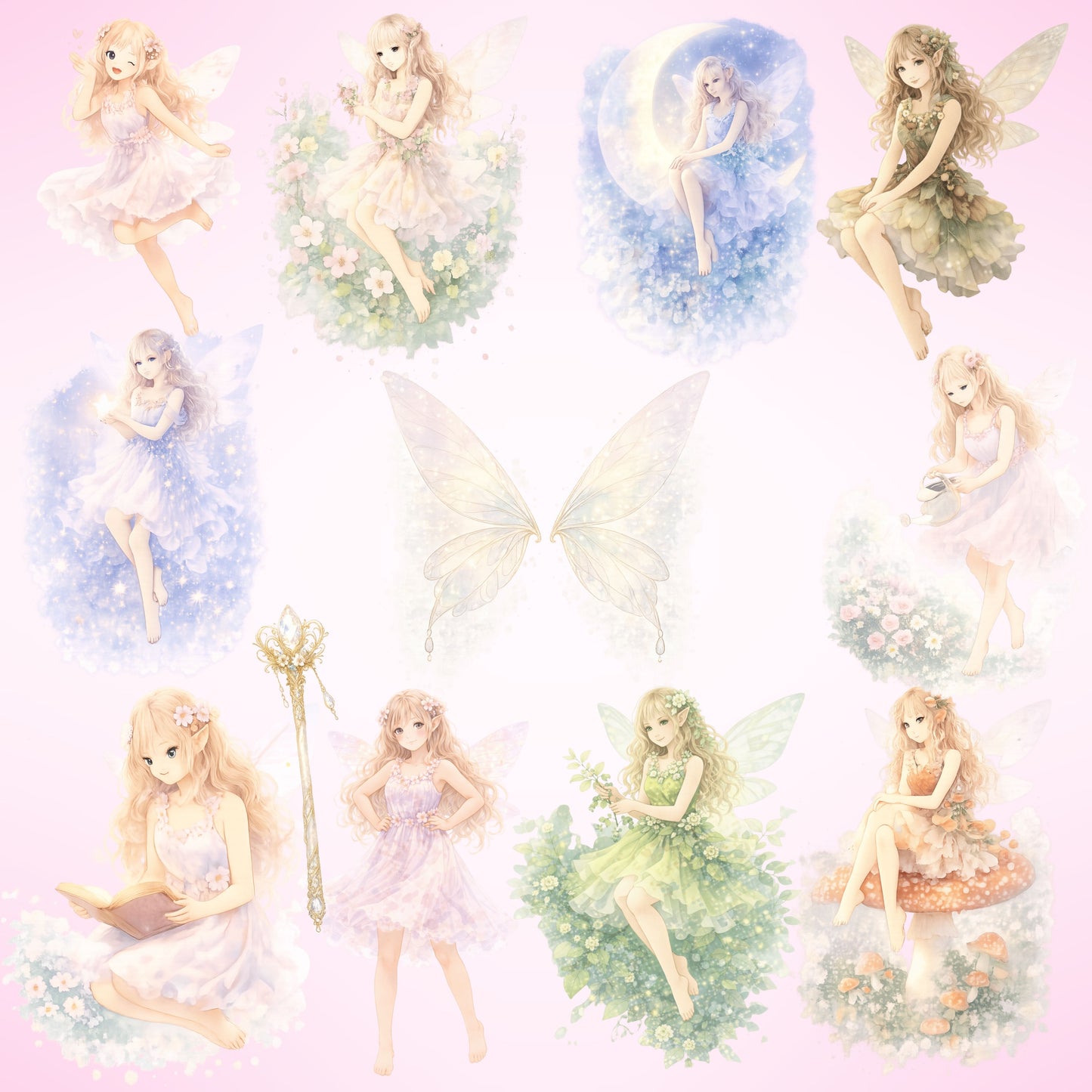 Fairy Clipart – 55 Watercolor Fairy PNG Files – Fantasy Pastel Fairies for Kids Crafts & Magical Designs
