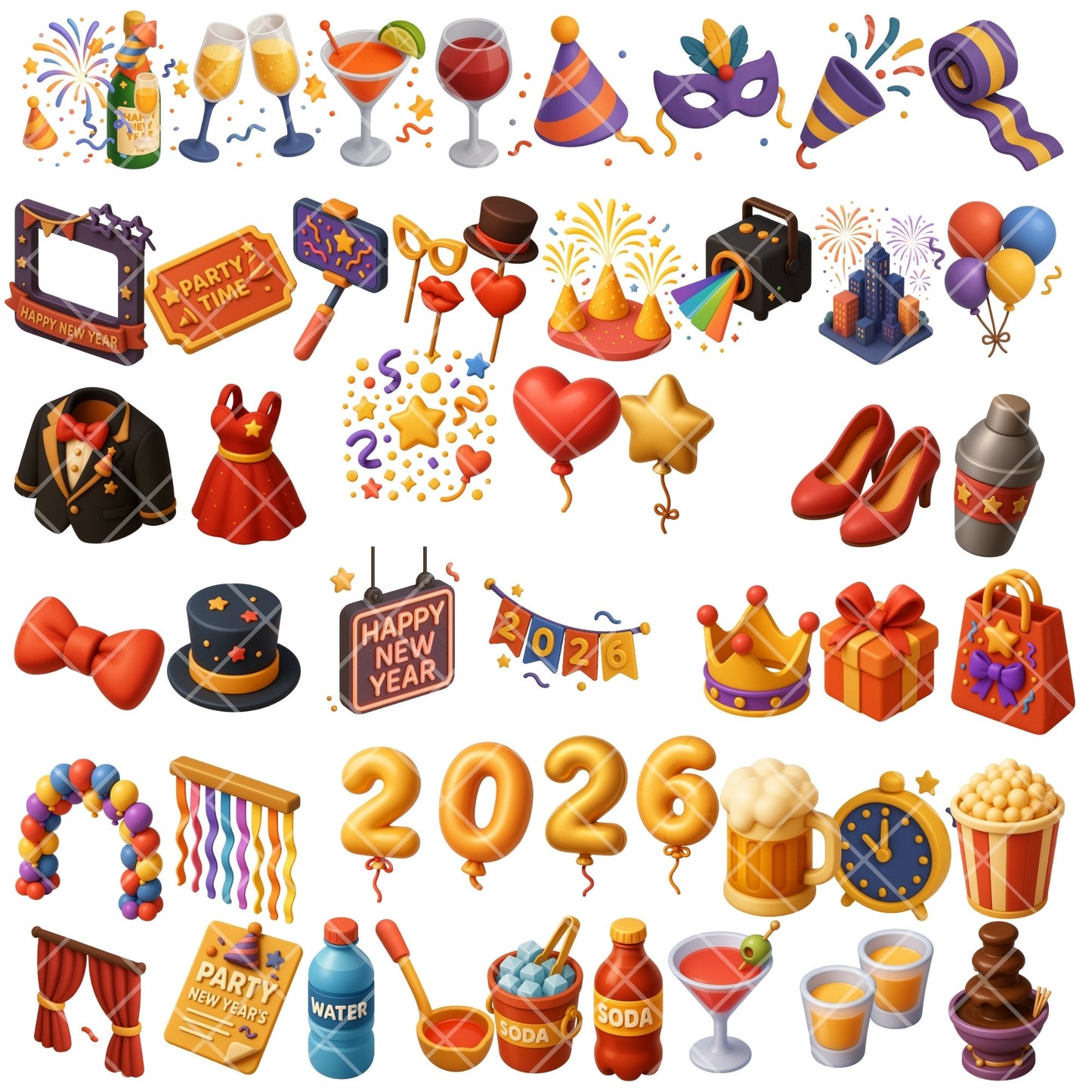 New Year’s Eve Clipart Bundle 2026 – 3D Party PNG, New Year Decorations, Champagne & Fireworks, Holiday Clipart, 70 PNG