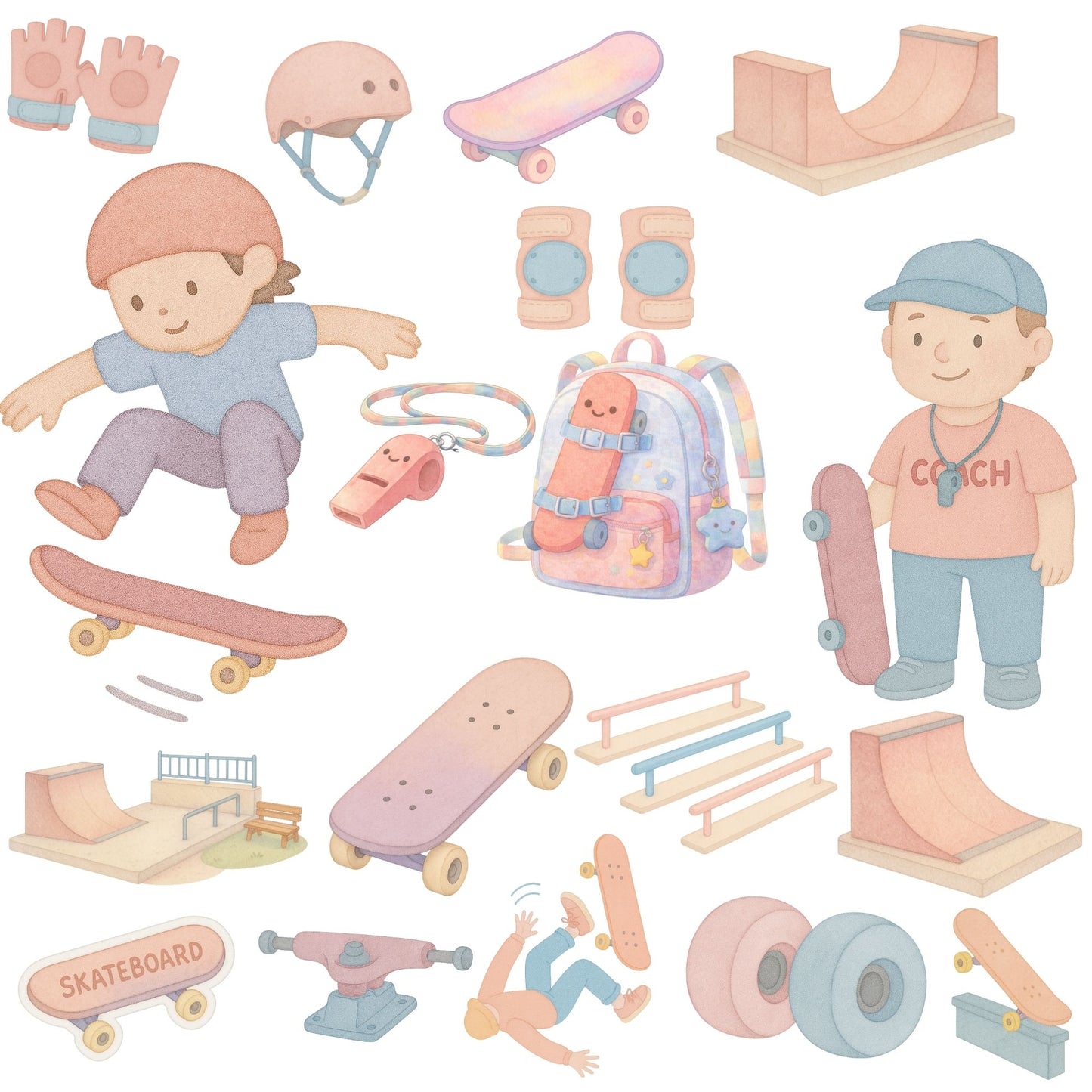 Skateboard Watercolor PNG Clipart – Kids Skaters, Ramps & Boards (50 Files)