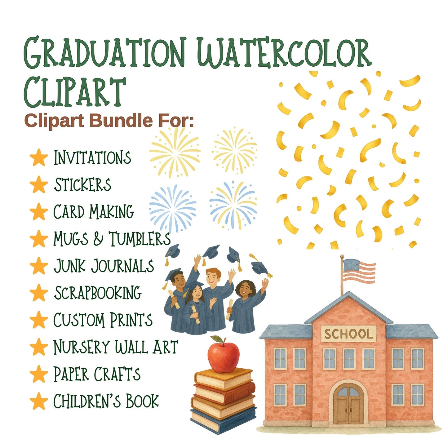 Graduation Watercolor Clipart Bundle – Class of 2025 PNGs, Cap & Diploma Grad Party Art (54 Files)