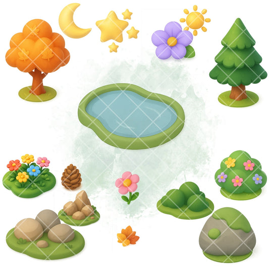 3D Nature Clipart Bundle, Isometric Environment PNG, Natural Landscape Graphics, Trees Mountains Rivers